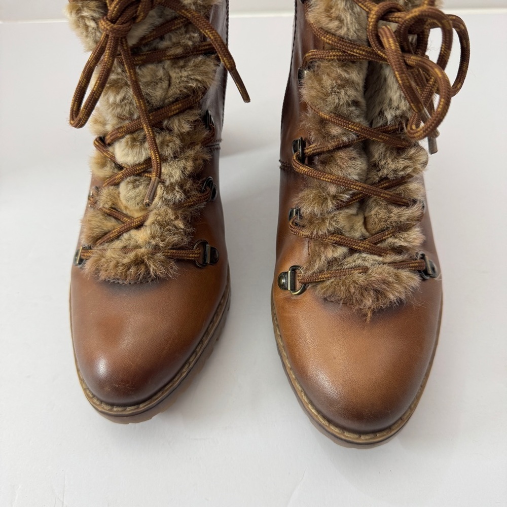 Pikolinos Womens leather lace-up ankle boots heels faux fur brown sz 38 - Picture 6 of 13